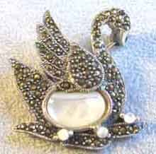 Lovely -Sterling Silver Mother of Pearls and Marcasite '' Swan '' Brooch.
