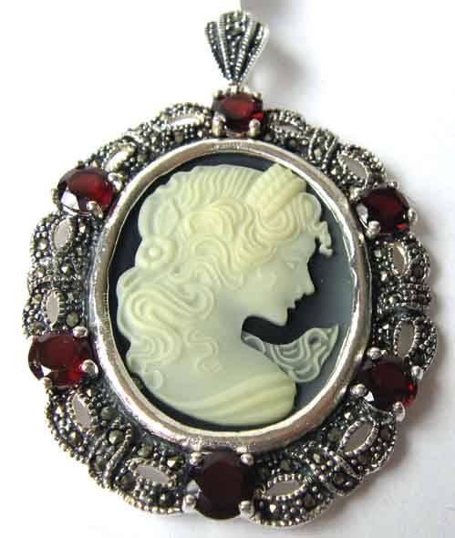 Cameo, Garnet and Marcasite Pendant