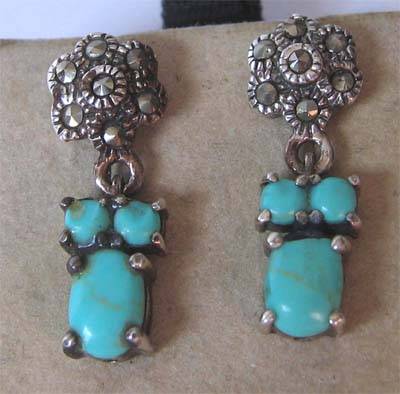 A pair of Sterling Silver , Marcasite and Turquoise Earrings