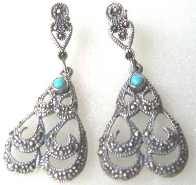 Adorable, a pair of  Sterling Silver, Marcasite and Turquoise Earrings