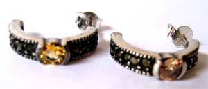 A pair of   Sterling Silver , Marcasite and Citrine Half loop  Earrings