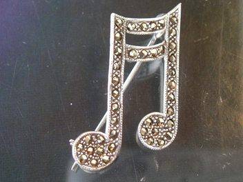 Beautiful, Sterling Silver and Marcasite Music Note Brooch
