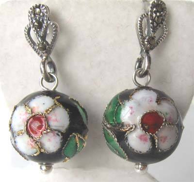 A pair of  Beautiful Sterling Silver , Macasite Cloisonne Earrings.