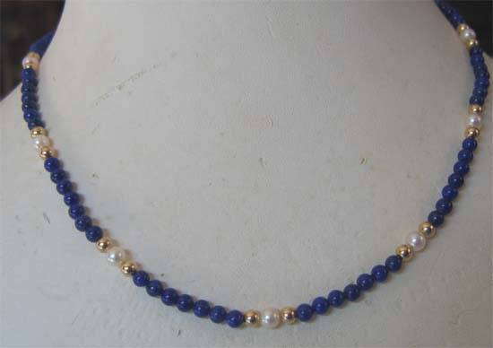 Beautiful  Lapis Lazuli,, Cultured Pearls and 14 ct Gold Beads  -  Necklace