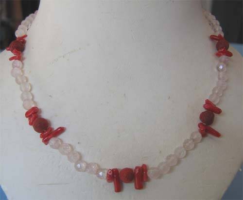 Lovery Genuine Pink Quartz and Coral Necklace