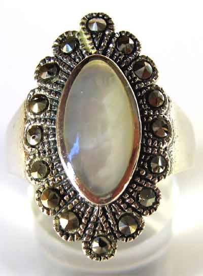 Solid Sterling Silver, Marcasite and Marquise cut Mother of Pearl Ring.