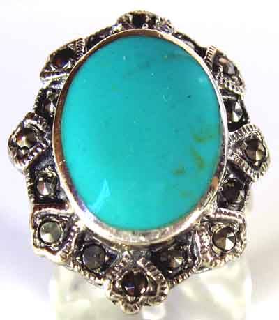 Solid Sterling Silver , Marcasite and Turquoise Ring.