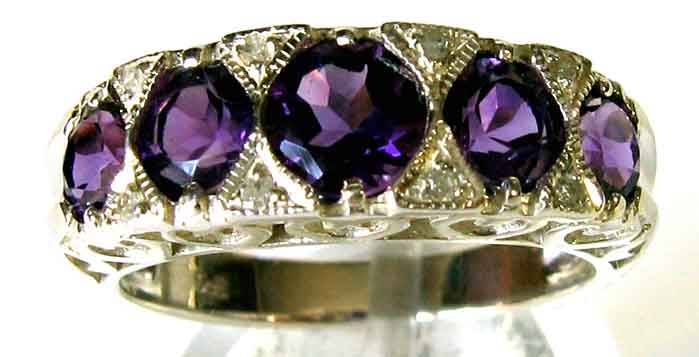 Elegant Sterling Silver , Genuine Amethysts and Diamonds Ring.
