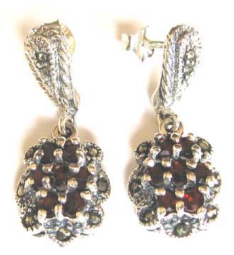 Sterling Silver , Marcasite and Garnets Earrings.