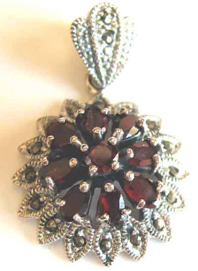 Lovely  Sterling Silver , Marcasite and Garnets Pendant