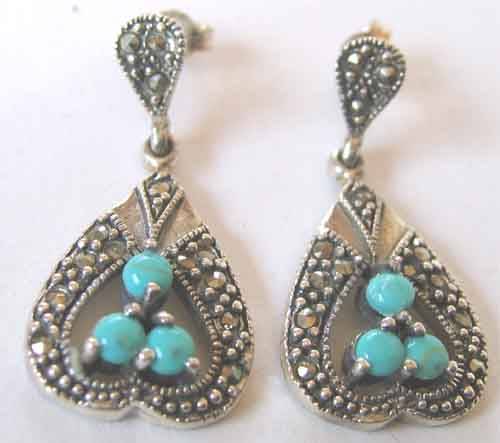 Lovely,925- Sterling Silver , Marcasite and Turquoise Earrings.
