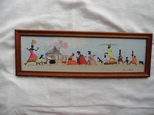 Beautiful South African painting by Lucy M Mullins (Wiles) African Village Scene over 50 years old
