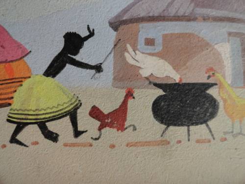 Beautiful South African painting by Lucy M Mullins (Wiles) African Village Scene over 50 years old