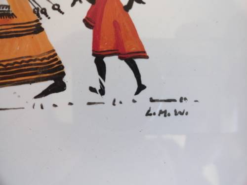 Original oil painting on a tile Lucy M Mullins (Wiles) African Village Scene over 50 years old