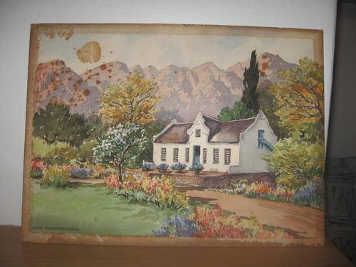 Original signed painting of a  Cape Dutch House and mountains- approximately 60 years old