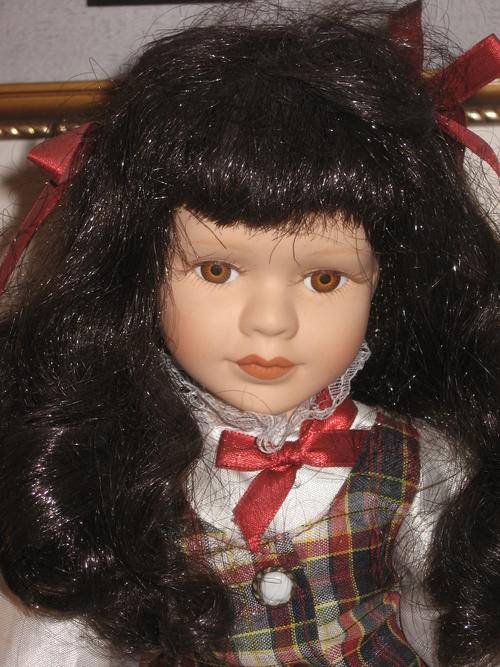 Beautiful Dark Haired Porcelain Doll - Dressed in beautiful gingham with silk and lovely shoes!