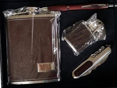 Brown Mens Gift. Pen, Flask, Key ring and Utility Knife