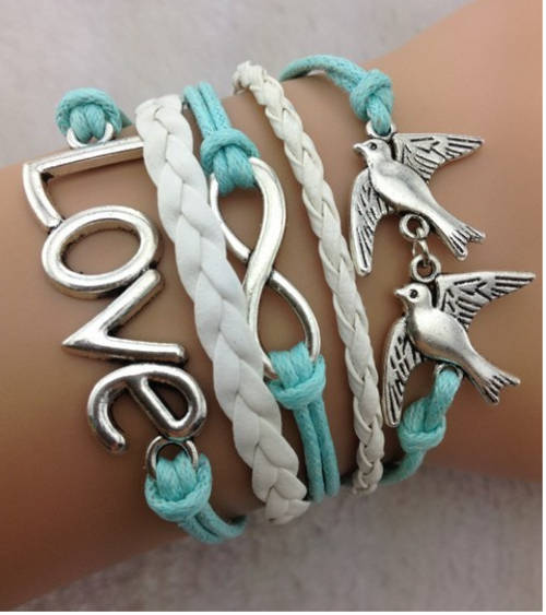 Love, Dove, Infinity leather bracelet - Blue