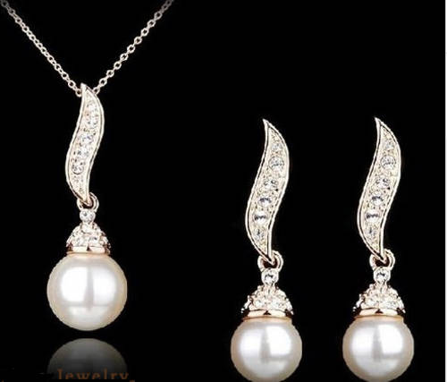Gold Plated Pearl Leaf Earrings and Necklace set