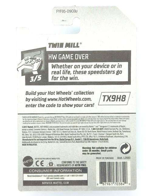 HotWheels TWIN MILL HW GAME OVER - Long Card Released USA Only  - FYF95-D9C0D Treasure Hunt 2018