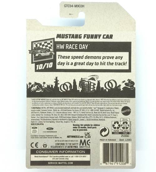 HOTWHEELS MUSTANG FUNNY CAR HW RACE DAY  - Long Card USA Only  - GTC94-M9C0H Treasure Hunt 2021