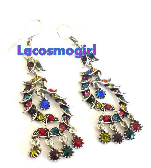 Tibetan silver earrings with multi colour rhinestones - 6cm long