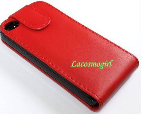 IPHONE 4, 4S RED LEATHER FLIP CASE WITH WHITE INTERIOR