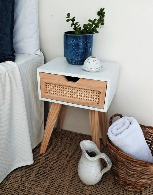 WHITE AND RATTAN/WOODEN MID-CENTURY SIDE TABLES! *RETRO* *RETAIL FOR R1499 each*