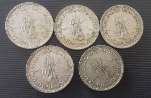 5 x SA 5 shillings... All 1952... As a lot... SILVER!!!