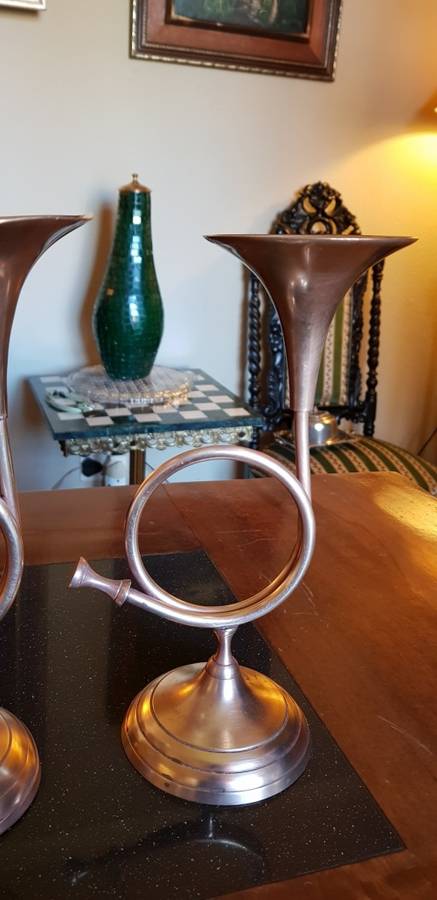 Two Antique Brass Trumpet Candelabra