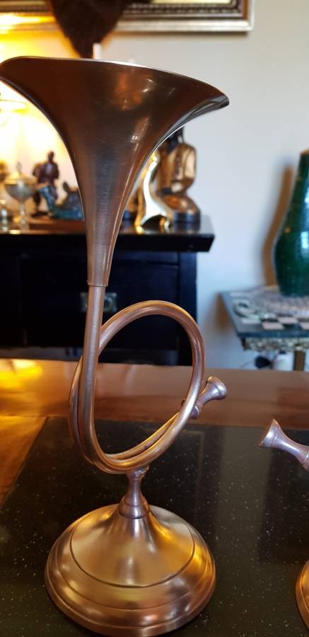 Two Antique Brass Trumpet Candelabra