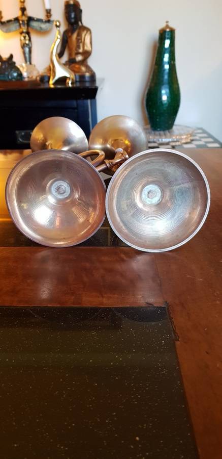 Two Antique Brass Trumpet Candelabra