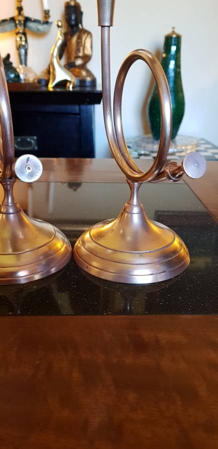 Two Antique Brass Trumpet Candelabra