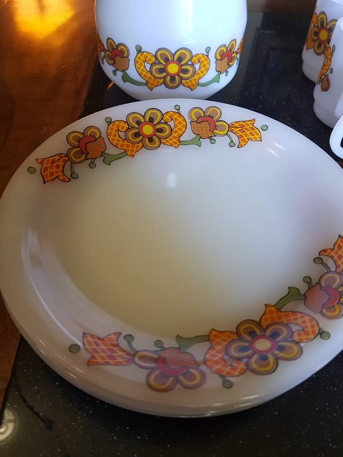 Rare Vintage Schott Jena Glass decanter, 6 plates. 6 cups and saucers. Marked