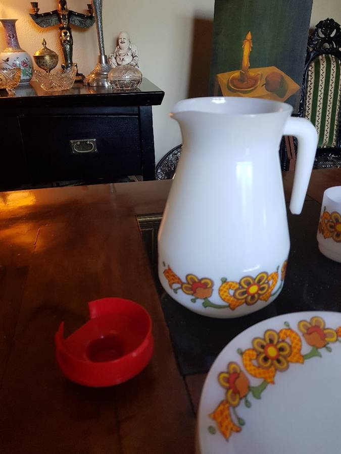 Rare Vintage Schott Jena Glass decanter, 6 plates. 6 cups and saucers. Marked