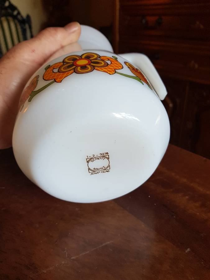 Rare Vintage Schott Jena Glass decanter, 6 plates. 6 cups and saucers. Marked