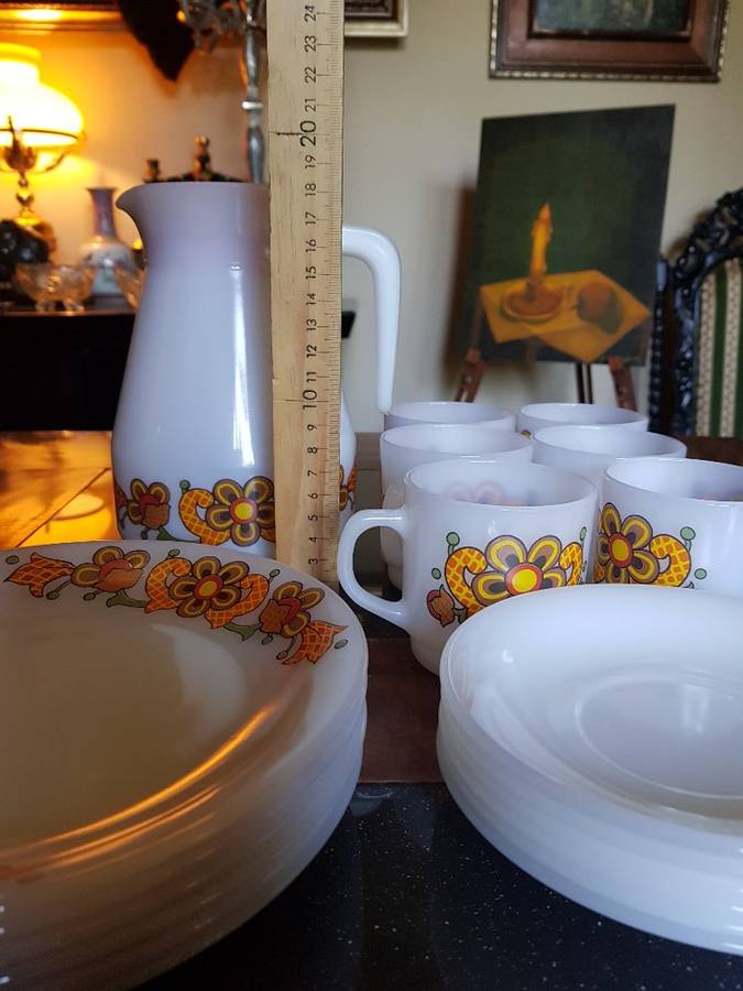 Rare Vintage Schott Jena Glass decanter, 6 plates. 6 cups and saucers. Marked