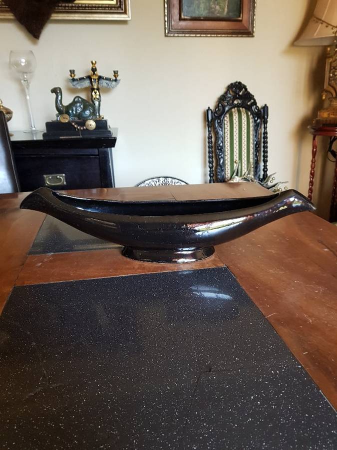 Beautiful Large Black Lucia Ware Boat Vase. Marked