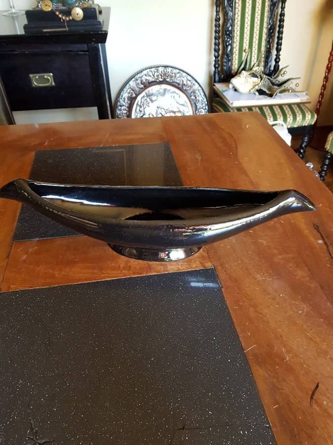 Beautiful Large Black Lucia Ware Boat Vase. Marked