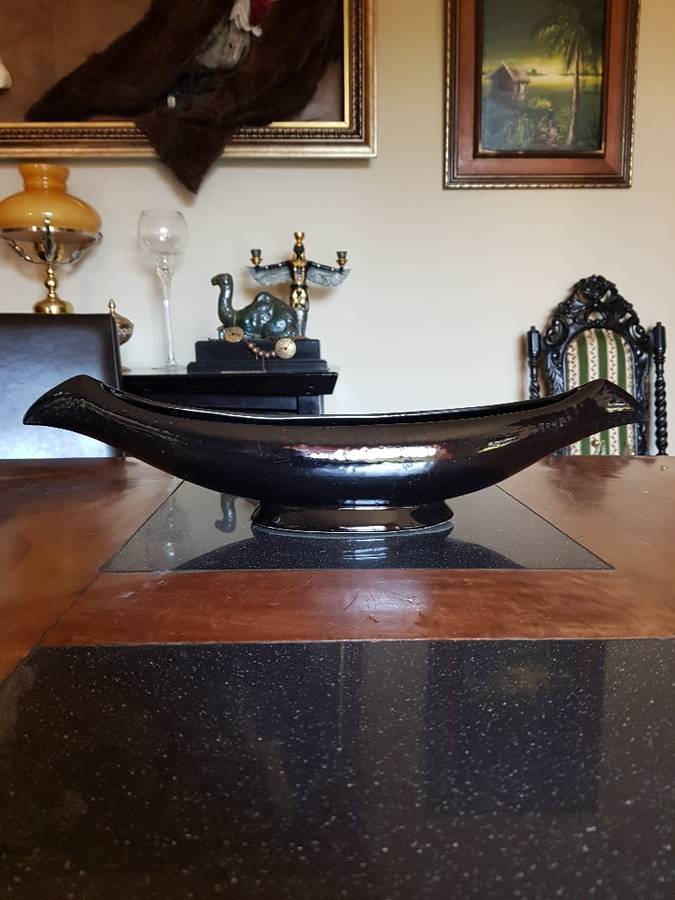 Beautiful Large Black Lucia Ware Boat Vase. Marked