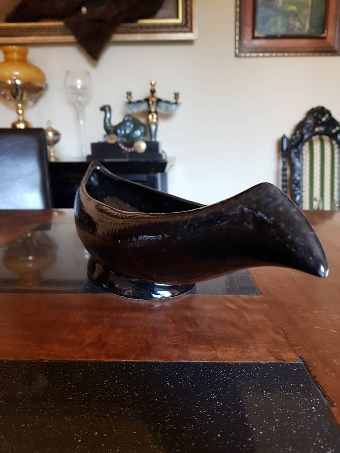 Beautiful Large Black Lucia Ware Boat Vase. Marked