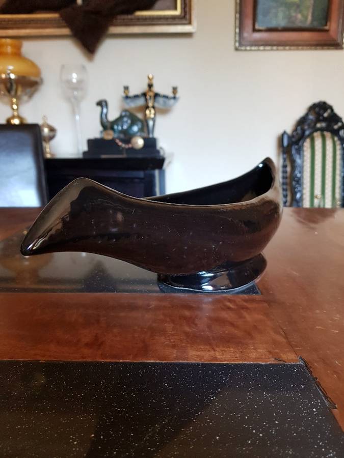 Beautiful Large Black Lucia Ware Boat Vase. Marked