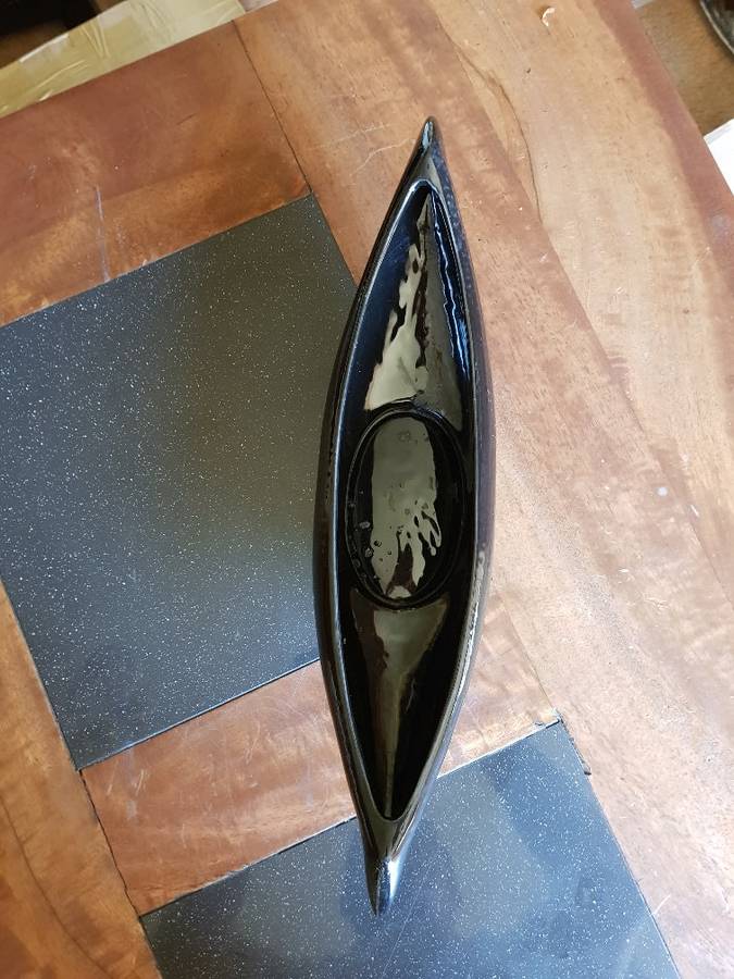 Beautiful Large Black Lucia Ware Boat Vase. Marked
