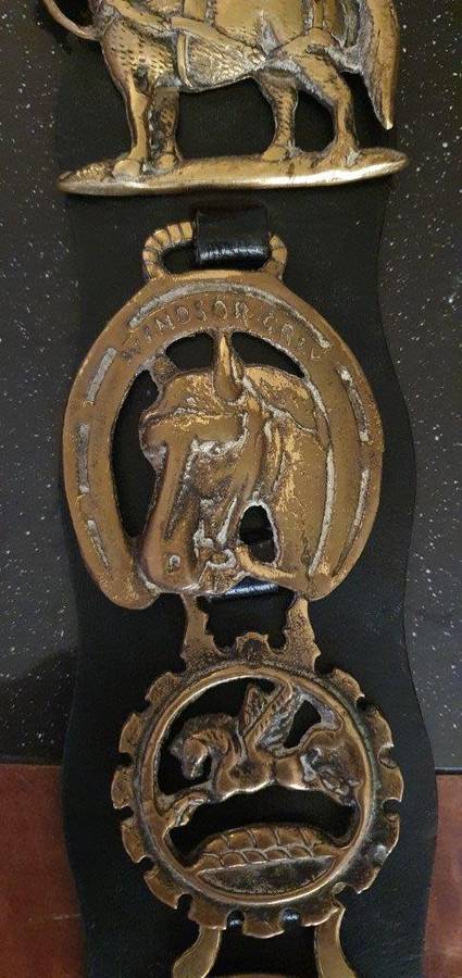 Vintage  Brass Horse Medallions on Leather Bridal.