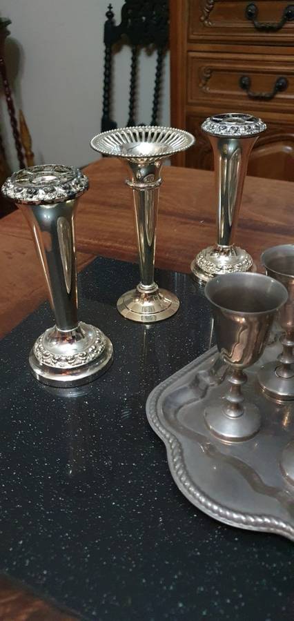 Beautifuil Single Stem Flower Frogs, Elegant Candle Stick Holder Plus Silver Plated Tray & Goblets