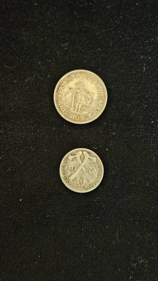 1963 SA 10 Cents 50% Silver Coin plus 1932 Rhodesia 6 Pence 92.5% Silver Coin