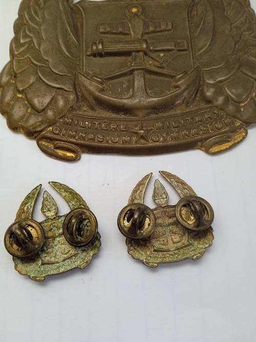 Military Gymnasium brass plaque and 2 x badges