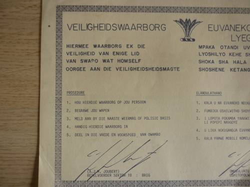 SWAPO SAFE PASS - SIGNED BY BRIG AJM JOUBERT O/C SECTOR 10 - LATER O/C. SPECIAL FORCES -