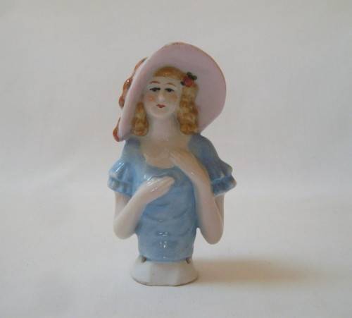 VINTAGE FOREIGN PORCELAIN HALF-DOLL FOR PINCUSHION ~ Chipped!