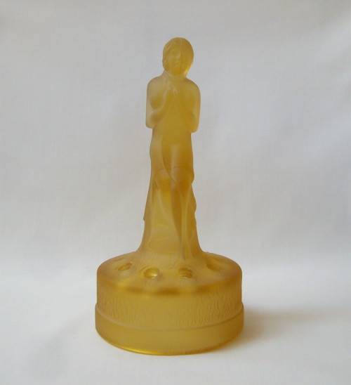 ART DECO AMBER SATIN GLASS LADY ON STUMP FLOWER FROG CENTREPIECE